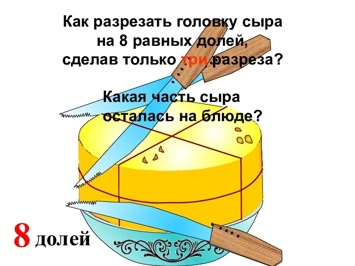 2 доли 4 Какая часть сыра осталась на блюде? Как разрезать