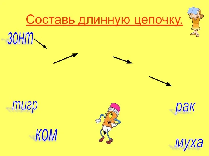 Составь длинную цепочку. зонт тигр рак ком муха