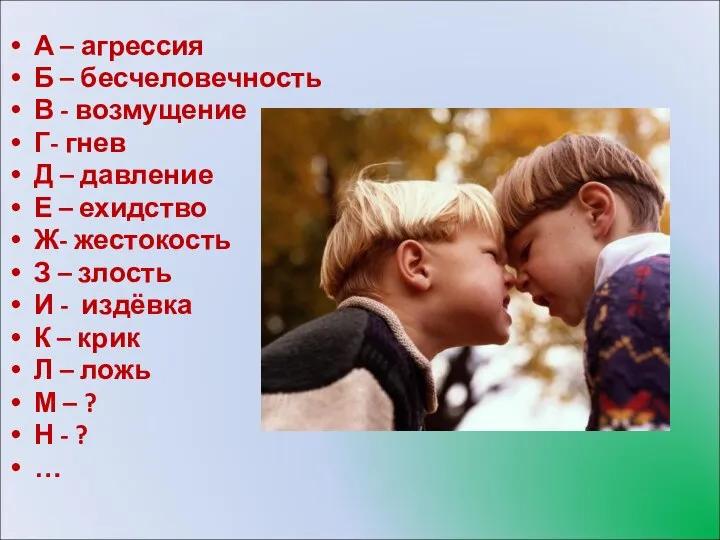 А – агрессия Б – бесчеловечность В - возмущение Г- гнев