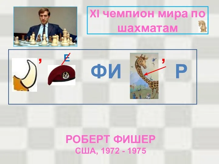 XI чемпион мира по шахматам , Е ФИ , Р РОБЕРТ ФИШЕР США, 1972 - 1975