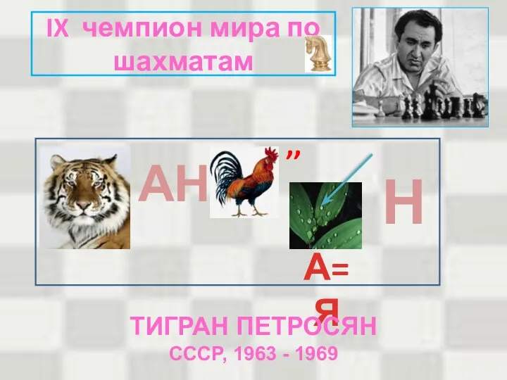 IX чемпион мира по шахматам АН ,, А=Я Н ТИГРАН ПЕТРОСЯН СССР, 1963 - 1969