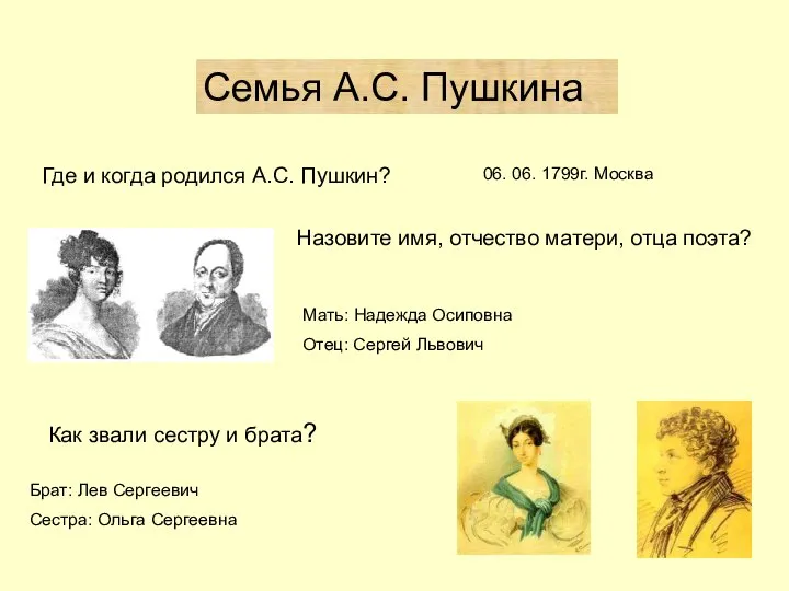 Семья А.С. Пушкина Где и когда родился А.С. Пушкин? 06. 06.