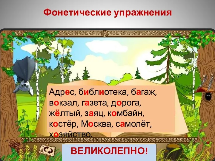 Адрес, библиотека, багаж, вокзал, газета, дорога, жёлтый, заяц, комбайн, костёр, Москва, самолёт, хозяйство. Фонетические упражнения ВЕЛИКОЛЕПНО!