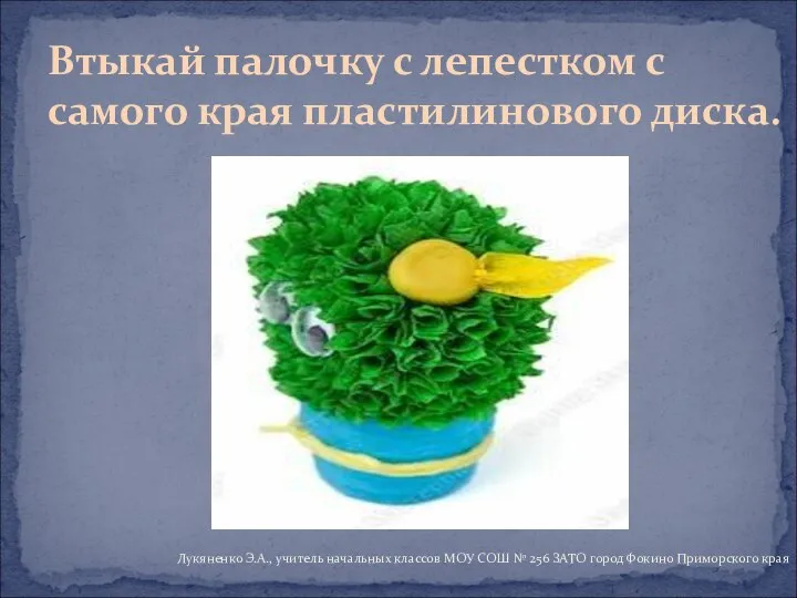 Втыкай палочку с лепестком с самого края пластилинового диска. Лукяненко Э.А.,