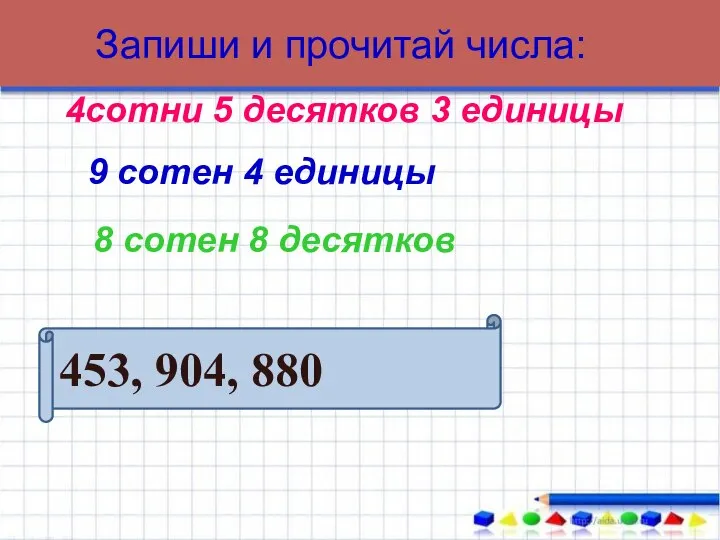 Запиши и прочитай числа: 453, 904, 880 4сотни 5 десятков 3