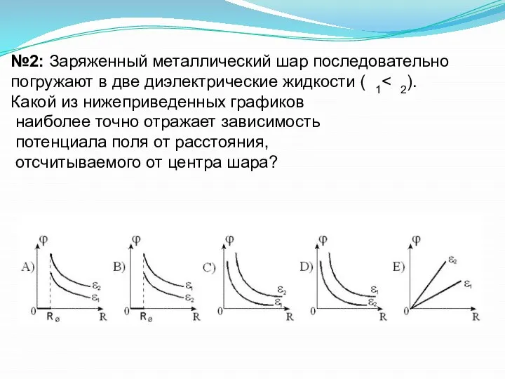 №2: Заряженный металлический шар последовательно погружают в две диэлектрические жидкости (