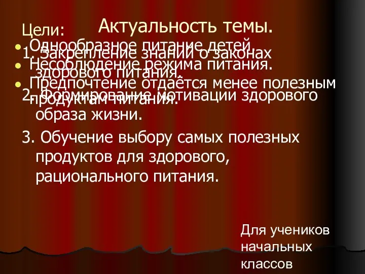 Актуальность темы. Однообразное питание детей. Несоблюдение режима питания. Предпочтение отдаётся менее