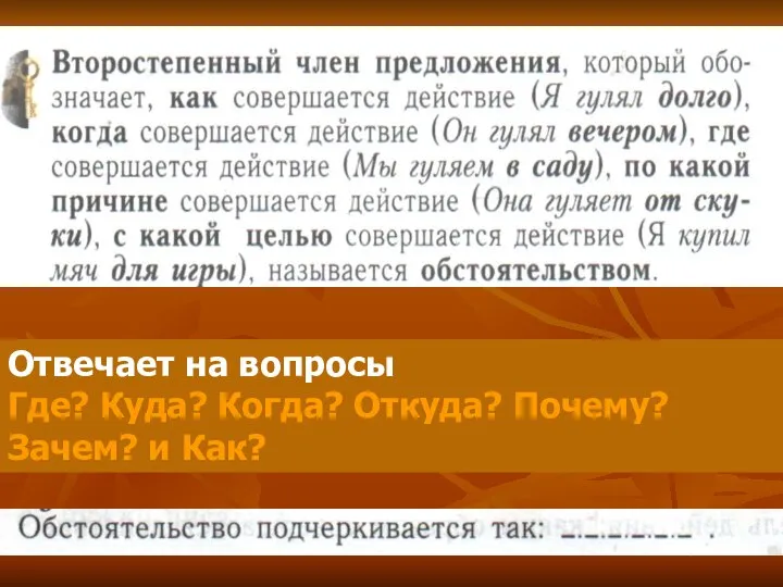 Отвечает на вопросы Где? Куда? Когда? Откуда? Почему? Зачем? и Как?