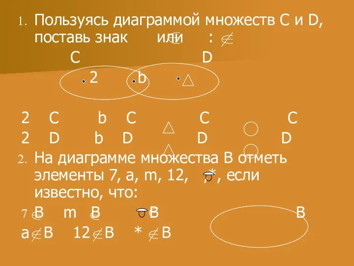 Пользуясь диаграммой множеств C и D, поставь знак или : C