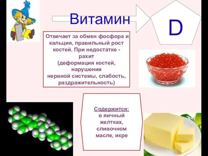 Витамин D Содержится: в яичный желтках, сливочном масле, икре Отвечает за