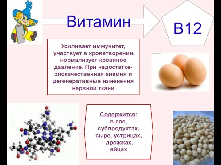 Витамин B12 Содержится: в сое, субпродуктах, сыре, устрицах, дрожжах, яйцах Усиливает