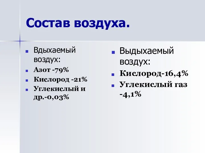 Состав воздуха. Вдыхаемый воздух: Азот -79% Кислород -21% Углекислый и др.-0,03%