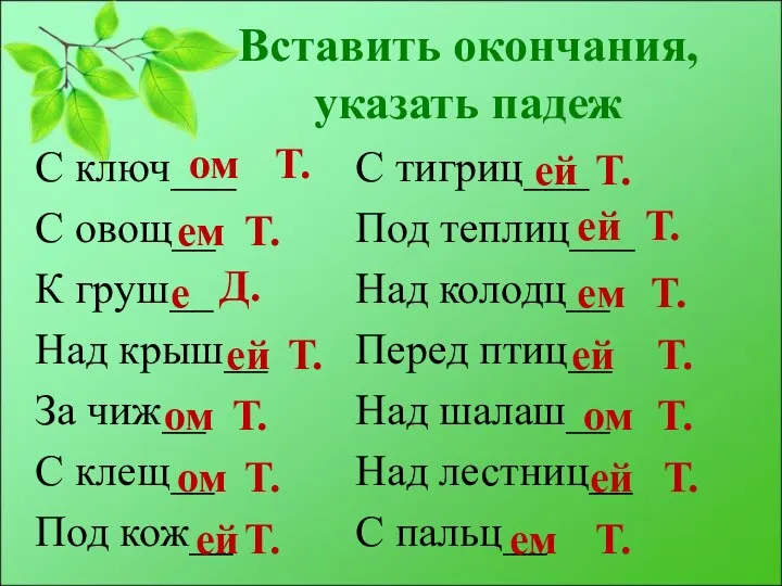 Вставить окончания, указать падеж С ключ___ С овощ__ К груш__ Над