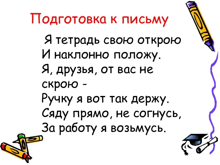 Подготовка к письму Я тетрадь свою открою И наклонно положу. Я,