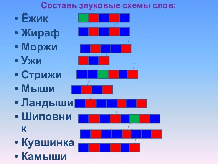 Составь звуковые схемы слов: Ёжик Жираф Моржи Ужи Стрижи Мыши Ландыши Шиповник Кувшинка Камыши