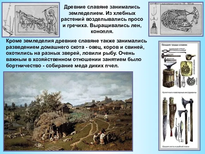 Древние славяне занимались земледелием. Из хлебных растений возделывались просо и гречиха.