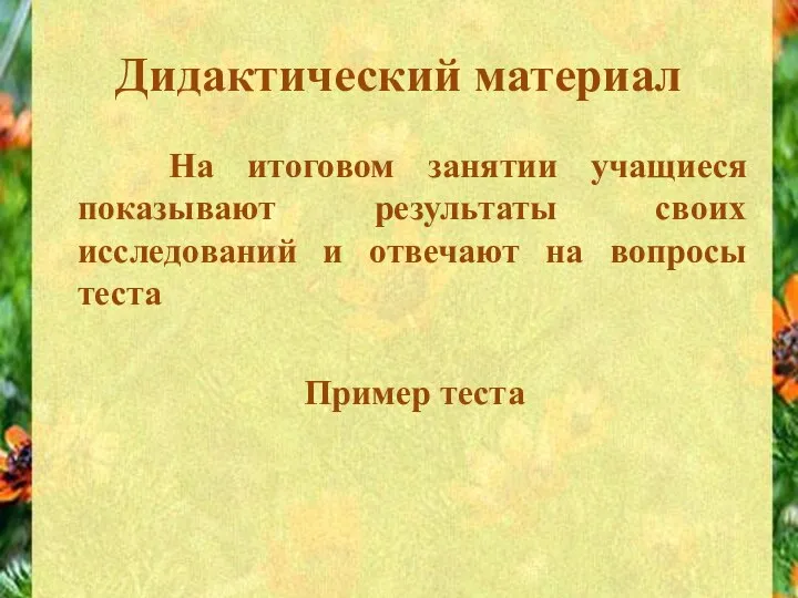 Дидактический материал На итоговом занятии учащиеся показывают результаты своих исследований и