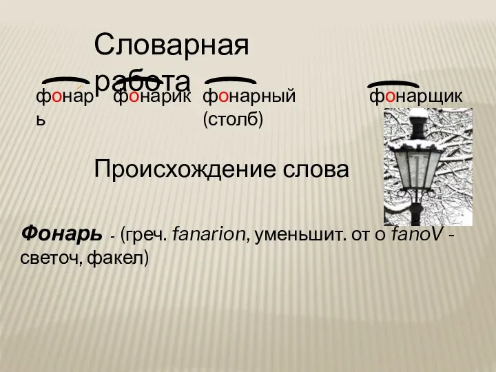 Словарная работа фонарь фонарик фонарный (столб) фонарщик Происхождение слова Фонарь -