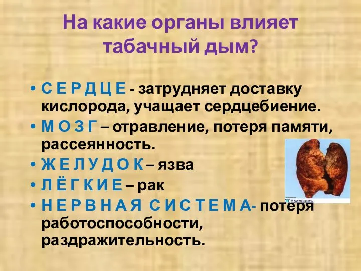 На какие органы влияет табачный дым? С Е Р Д Ц