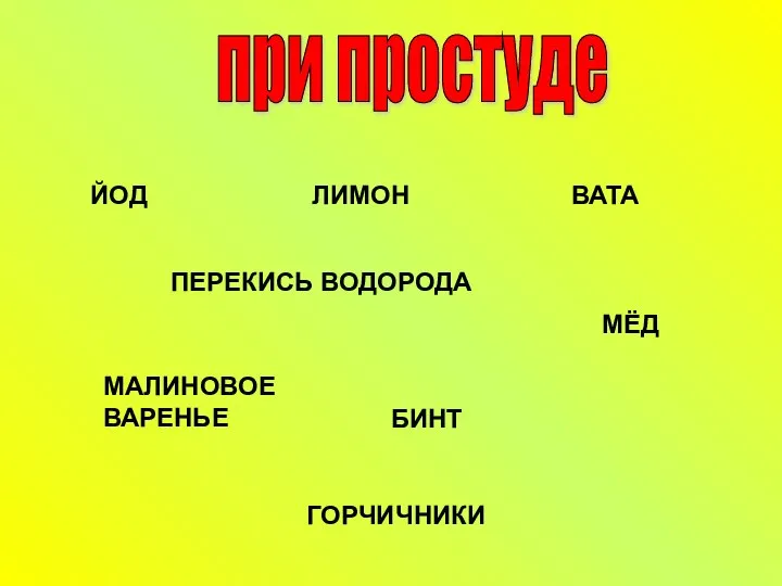 при простуде ЙОД ЛИМОН ВАТА ПЕРЕКИСЬ ВОДОРОДА МАЛИНОВОЕ ВАРЕНЬЕ МЁД БИНТ ГОРЧИЧНИКИ