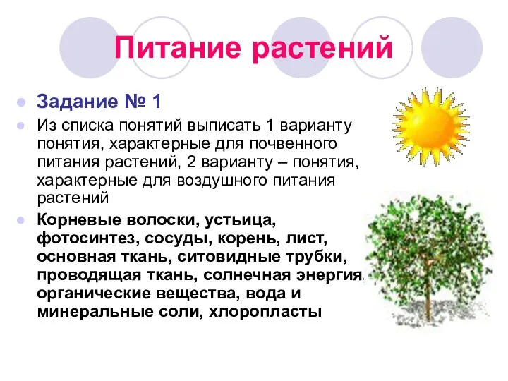 Питание растений Задание № 1 Из списка понятий выписать 1 варианту