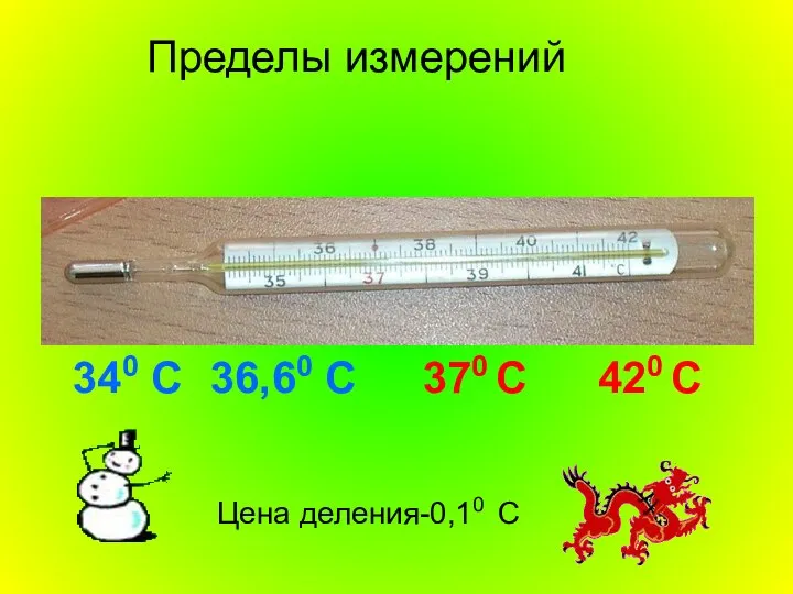 Пределы измерений 340 С 420 С Цена деления-0,10 С 36,60 С 370 С