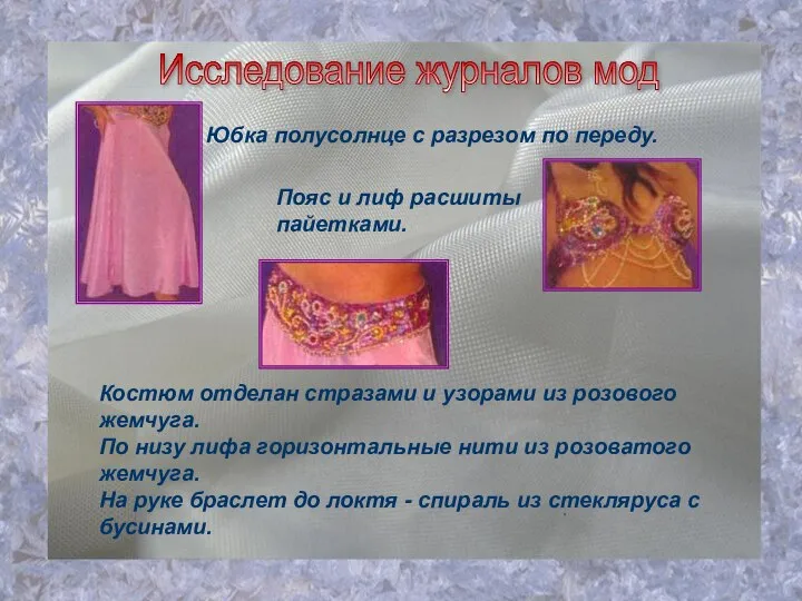 Исследование журналов мод Костюм отделан стразами и узорами из розового жемчуга.