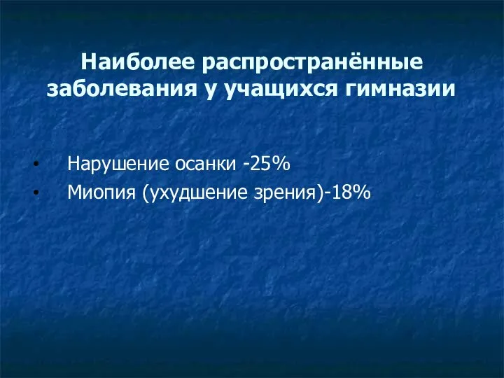 Наиболее распространённые заболевания у учащихся гимназии Нарушение осанки -25% Миопия (ухудшение зрения)-18%