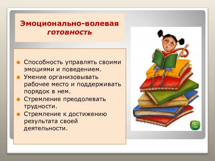 Эмоционально-волевая готовность Способность управлять своими эмоциями и поведением. Умение организовывать рабочее