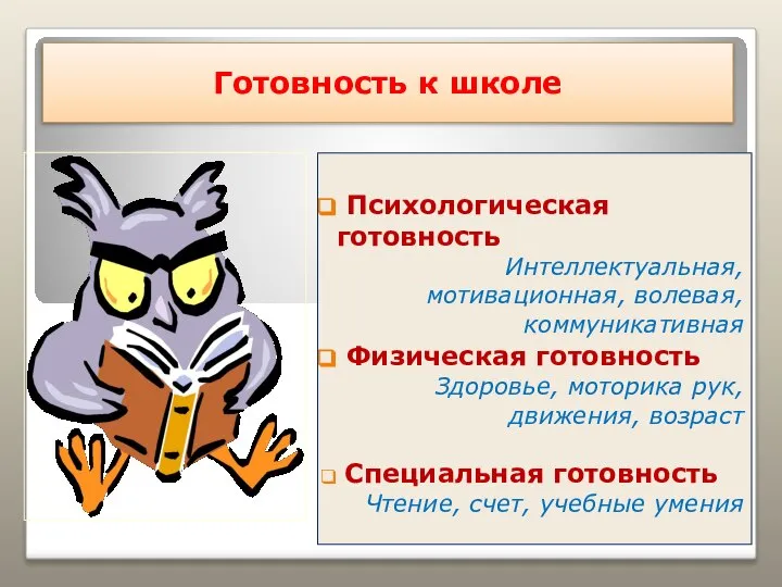 Готовность к школе Психологическая готовность Интеллектуальная, мотивационная, волевая, коммуникативная Физическая готовность