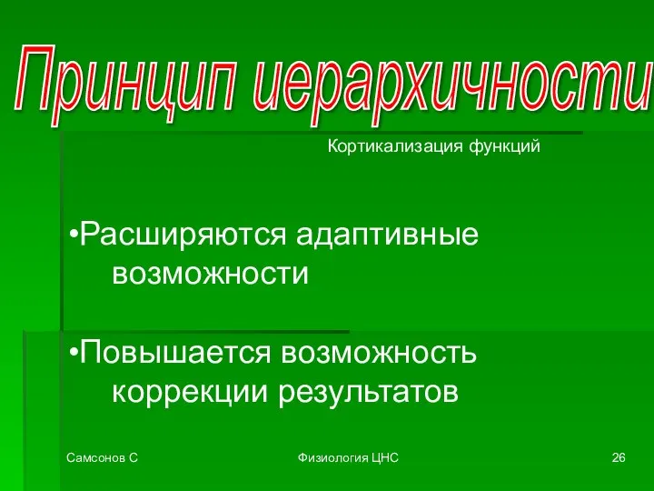 Самсонов С Физиология ЦНС Принцип иерархичности Кортикализация функций Расширяются адаптивные возможности Повышается возможность коррекции результатов