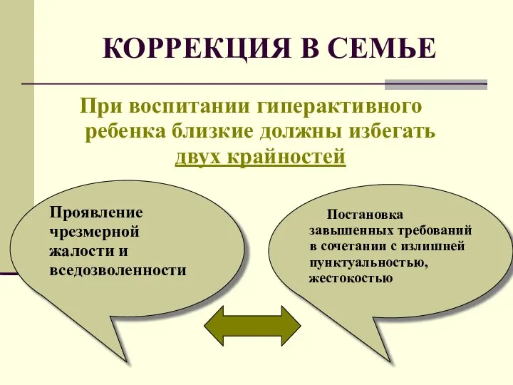 КОРРЕКЦИЯ В СЕМЬЕ При воспитании гиперактивного ребенка близкие должны избегать двух крайностей