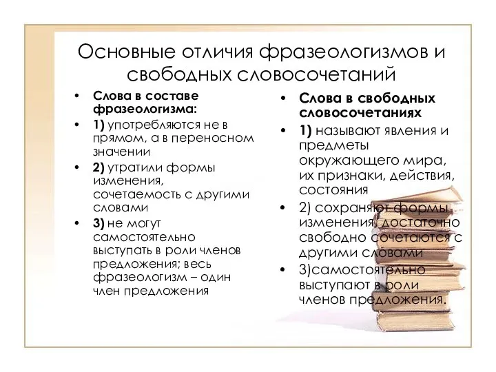 Основные отличия фразеологизмов и свободных словосочетаний Слова в составе фразеологизма: 1)