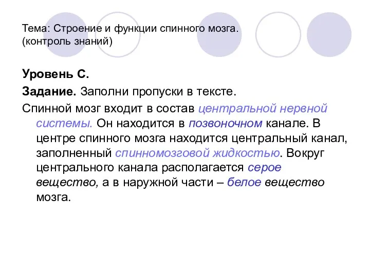 Тема: Строение и функции спинного мозга. (контроль знаний) Уровень С. Задание.