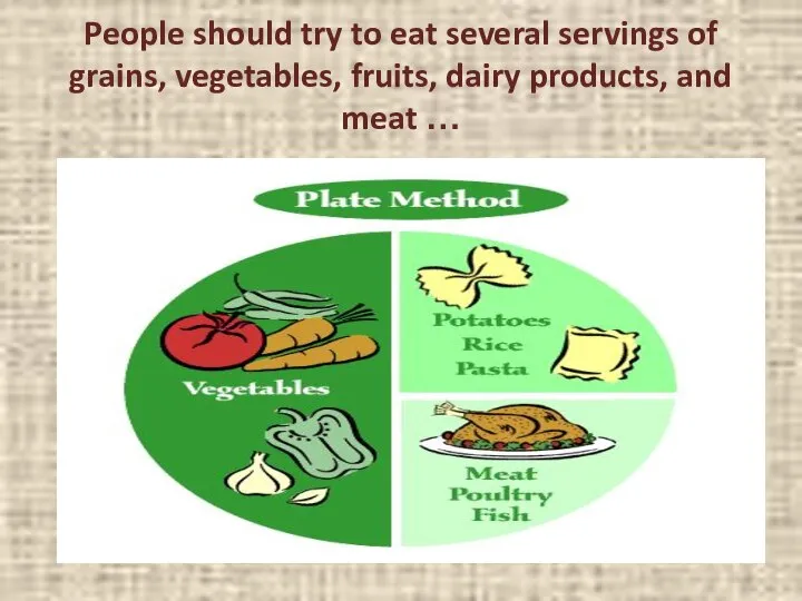 People should try to eat several servings of grains, vegetables, fruits, dairy products, and meat …