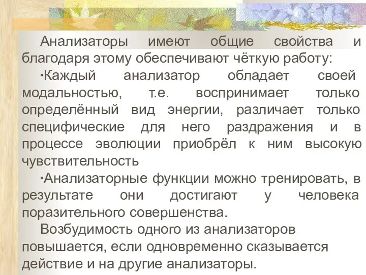 Анализаторы имеют общие свойства и благодаря этому обеспечивают чёткую работу: ∙Каждый