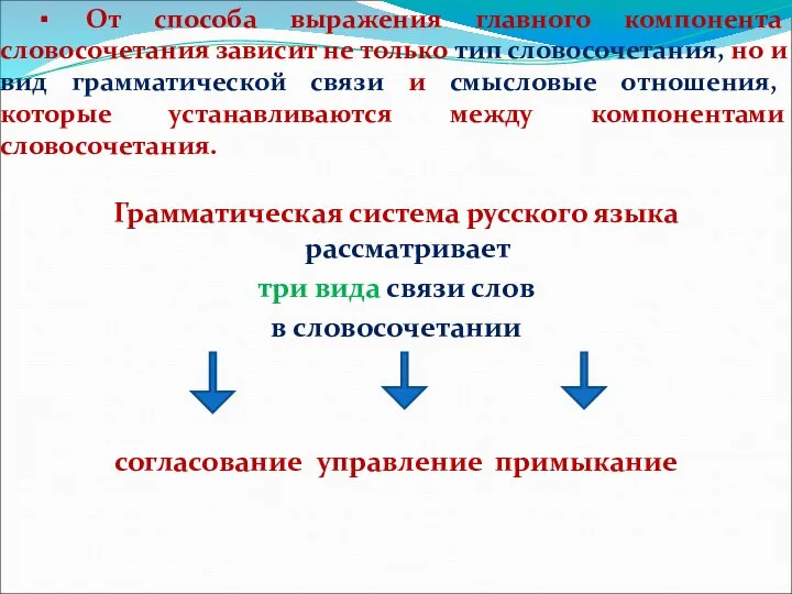 ▪ От способа выражения главного компонента словосочетания зависит не только тип