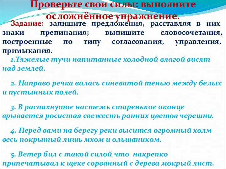 Задание: запишите предложения, расставляя в них знаки препинания; выпишите словосочетания, построенные