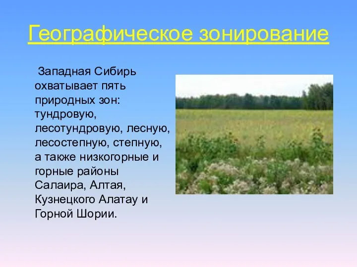 Географическое зонирование Западная Сибирь охватывает пять природных зон: тундровую, лесотундровую, лесную,