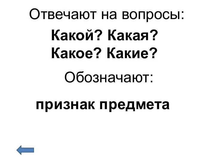 Отвечают на вопросы: Обозначают: Какой? Какая? Какое? Какие? признак предмета