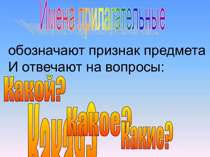 Имена прилагательные обозначают признак предмета И отвечают на вопросы: Какой? Какая? Какое? Какие?