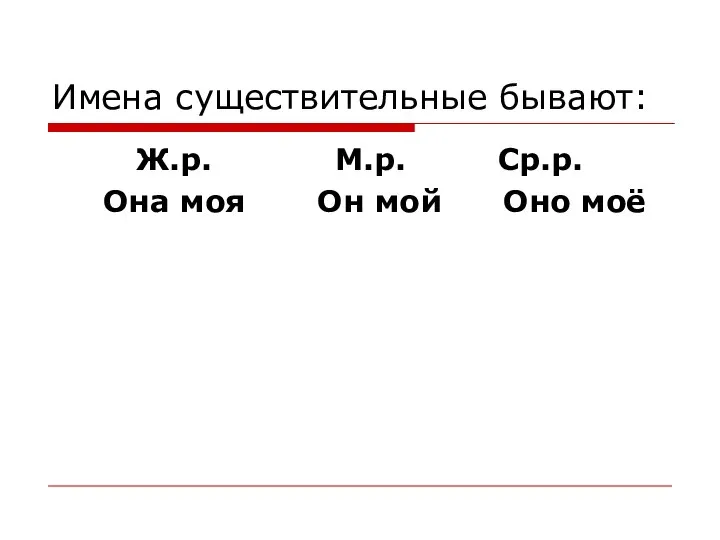 Имена существительные бывают: Ж.р. М.р. Ср.р. Она моя Он мой Оно моё