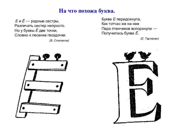 На что похожа буква. Е и Ё — родные сестры, Различать