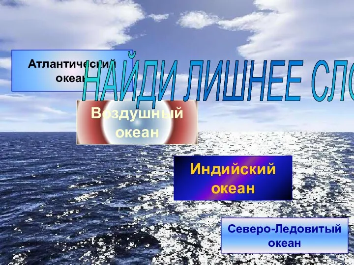 Атлантический океан Воздушный океан Индийский океан Северо-Ледовитый океан НАЙДИ ЛИШНЕЕ СЛОВО