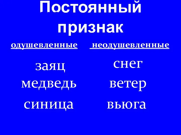 Постоянный признак одушевленные неодушевленные заяц синица медведь снег вьюга ветер Проверка: