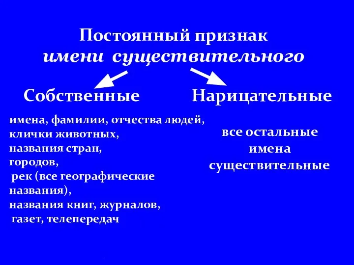 . Постоянный признак имени существительного Собственные Нарицательные имена, фамилии, отчества людей,