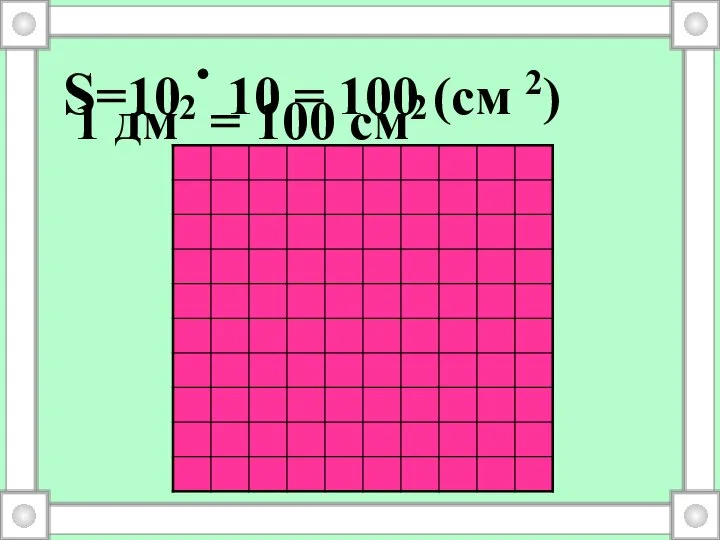 S=10 . 10 = 100 (см 2) 1 дм2 = 100 см2