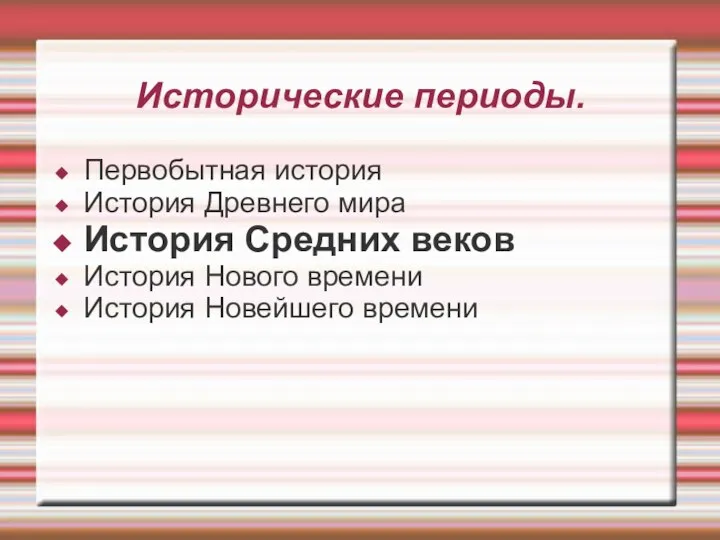 Исторические периоды. Первобытная история История Древнего мира История Средних веков История Нового времени История Новейшего времени