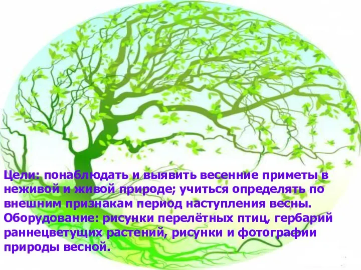 Цели: понаблюдать и выявить весенние приметы в неживой и живой природе;