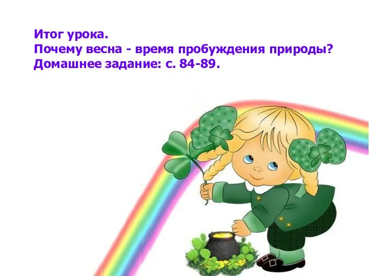 Итог урока. Почему весна - время пробуждения природы? Домашнее задание: с. 84-89.